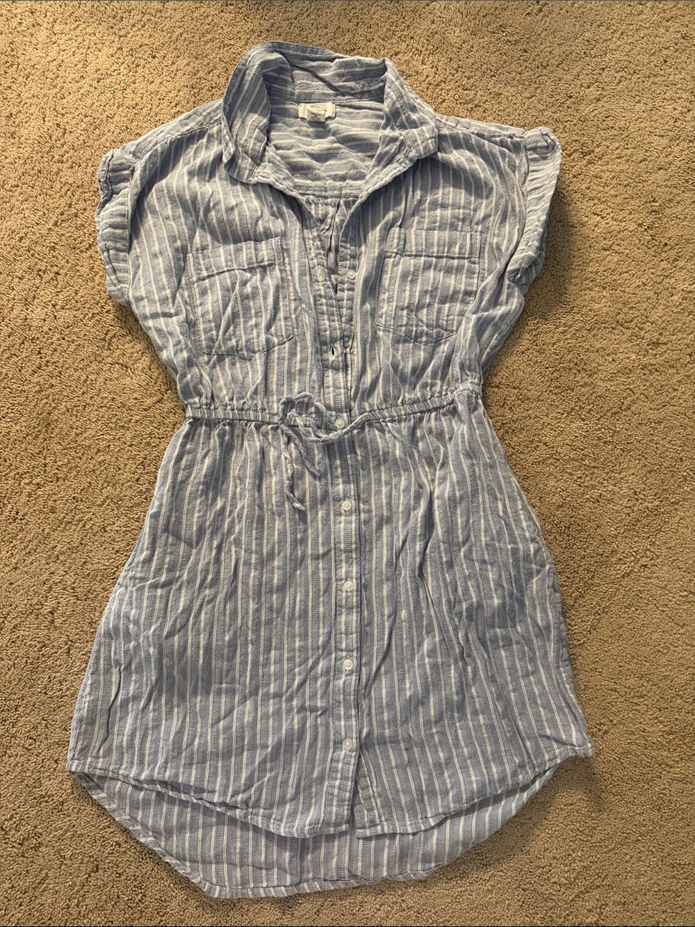 Striped Blue Mini Shirt Dress with Waist Tie
